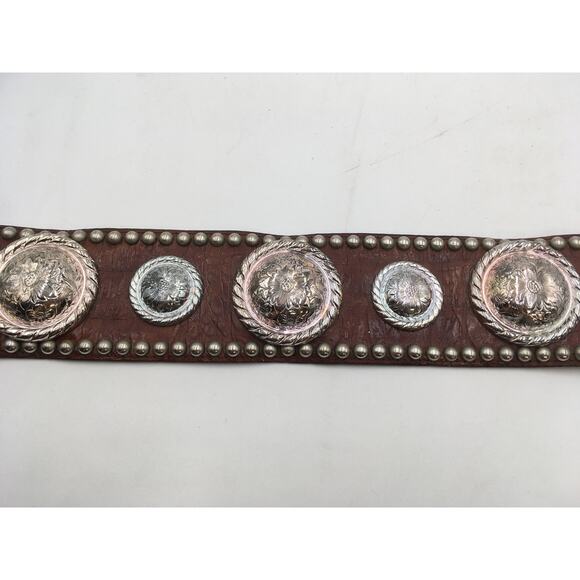Al Beres Oversized Brown Leather Sterling Plate Western Belt Embossed Flowers - Picture 4 of 10